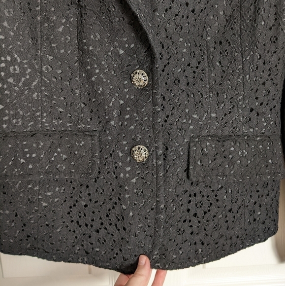 WD.NY Long Sleeve Black Eyelet Crochet Lace Blazer with Jeweled Buttons Size 10 - Picture 5 of 7